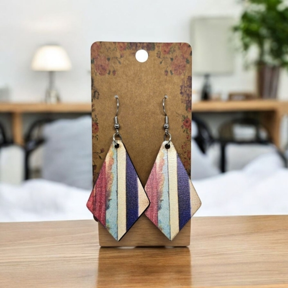 Boho Wooden Striped Dangle Earrings‎ Lightweight Earthy Chic Jewelry